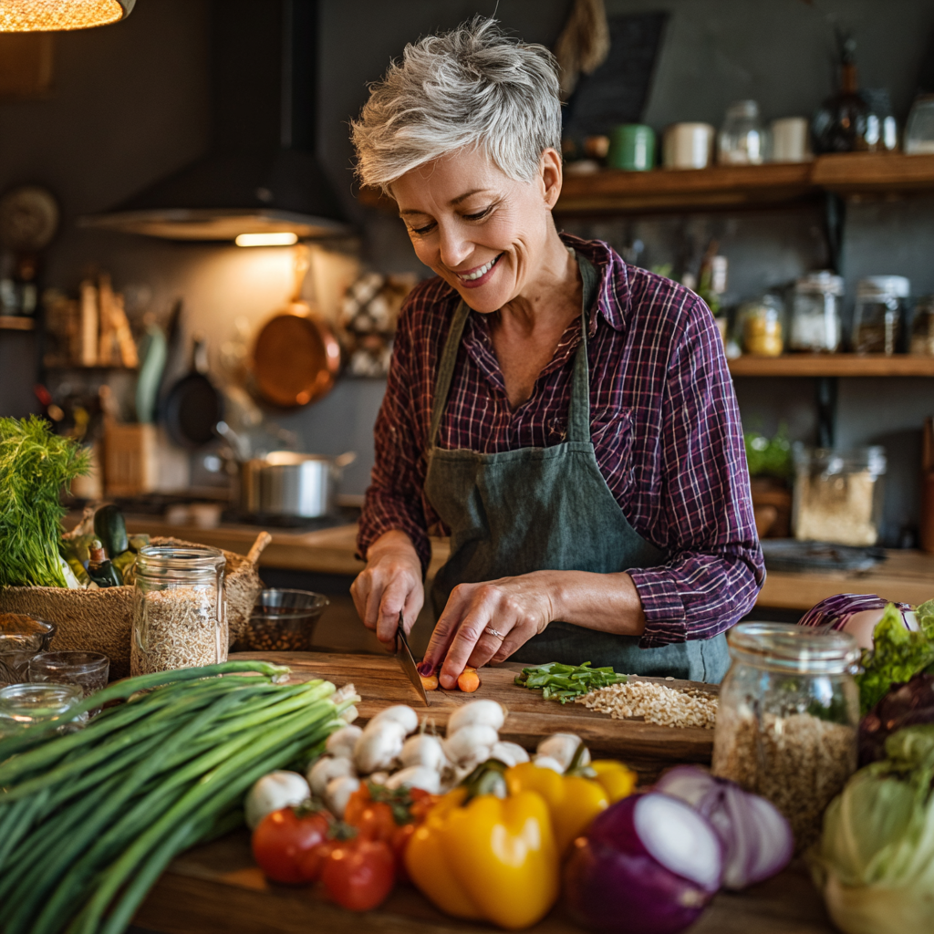 Middle-aged woman preparing healthy meal with fresh vegetables and grains