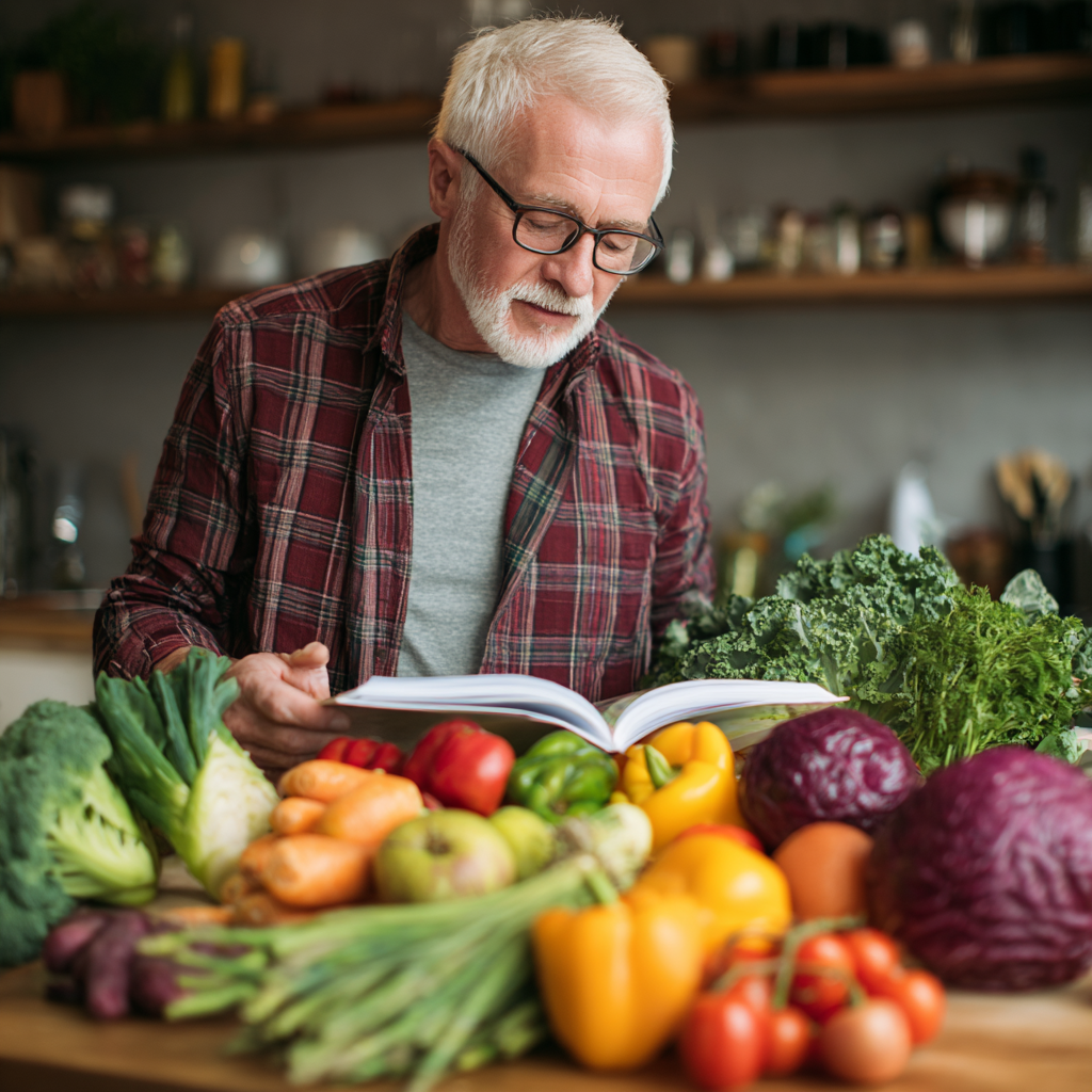 Senior nutrition expert examining colorful variety of fresh organic foods and meal plans